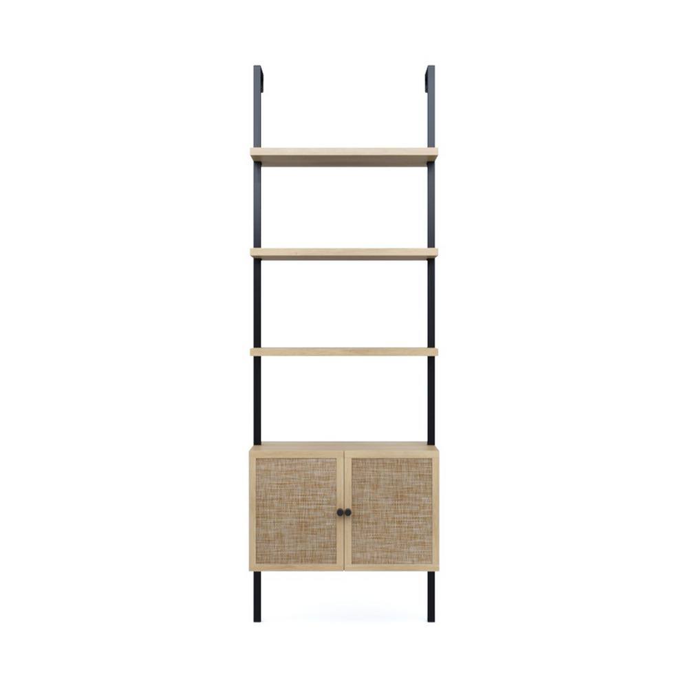 Nathan James Theo Open Shelf 73 in. High Light Oak Wood 3-Shelf Ladder Bookcase with Rattan Cabinet Doors and Matte Black Frame 66501