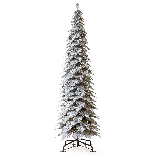 Glitzhome PreLit Flocked Pencil Spruce Artificial Christmas Tree with Warm White Lights