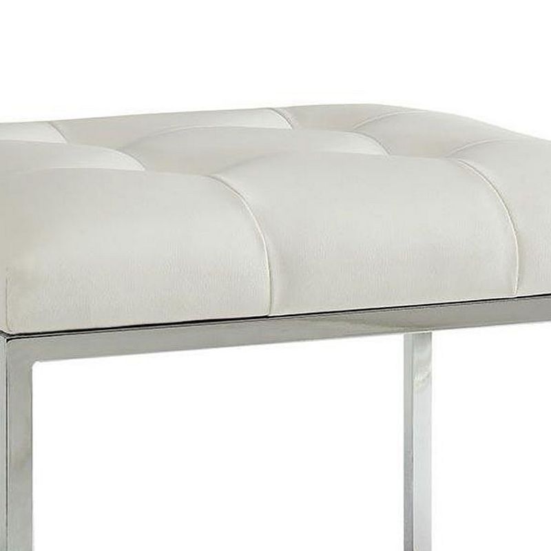 Leatherette Metal Frame Ottoman with Tufted Seating， White and Silver