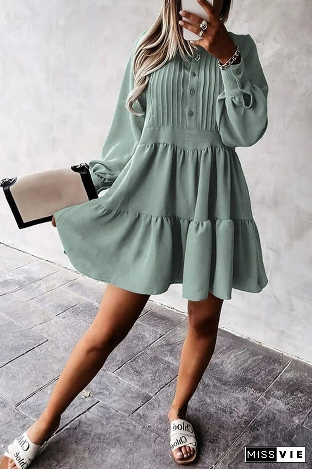 Button Layered Long Sleeve Mini Dress