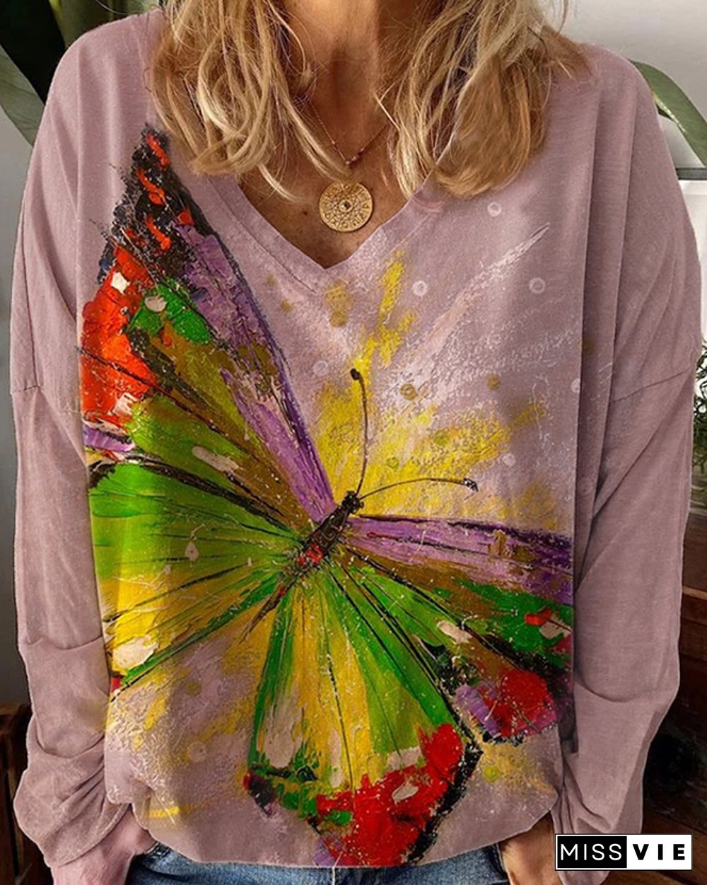 Women's Plus Size Casual Butterfly Flower Blouses Long Sleeve Tops