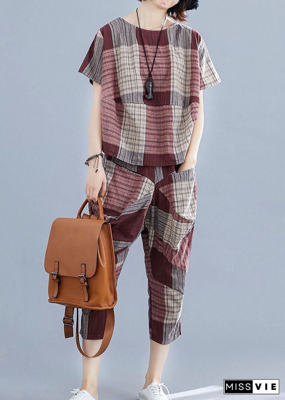 DIY Mulberry Plaid O-Neck Cotton Tops And Pants Two Pieces Summer