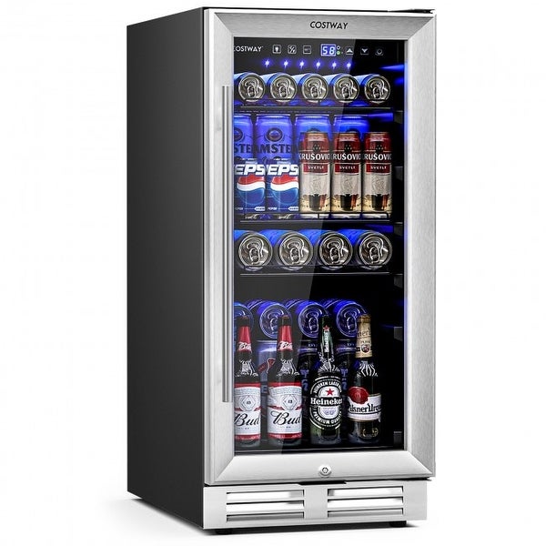 15 Inch 100 Can Built-in Freestanding Beverage Cooler Refrigerator with Adjustable Temperature