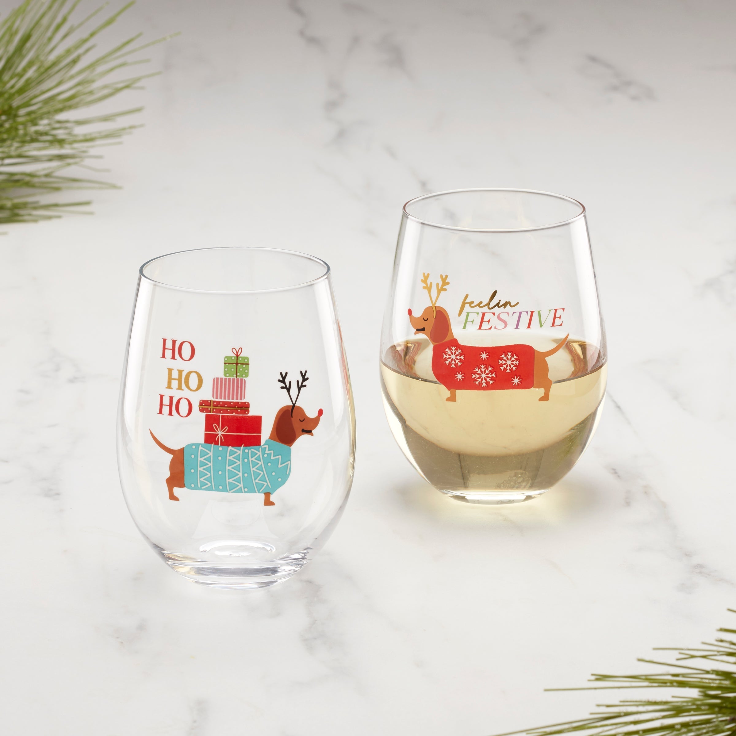 Feeling Festive Dog Stemless Wine Glasses, Set Of