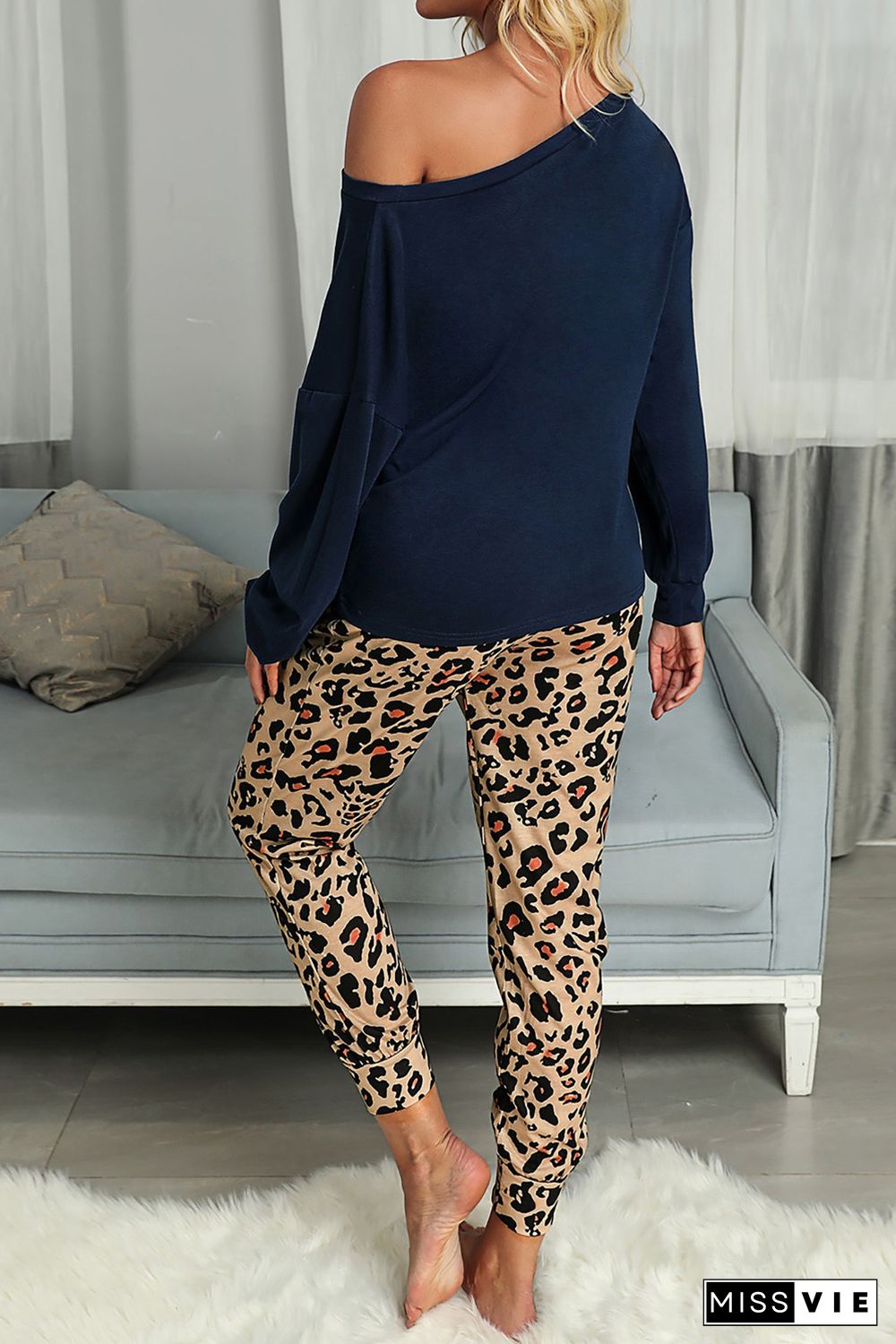 Blue Casual Long Sleeve Leopard Pants Loungewear Set