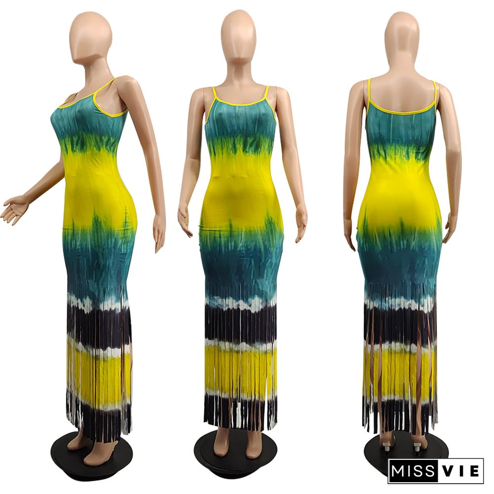 Sleeveless Sling Tie Dye Tassel Bodycon Dress