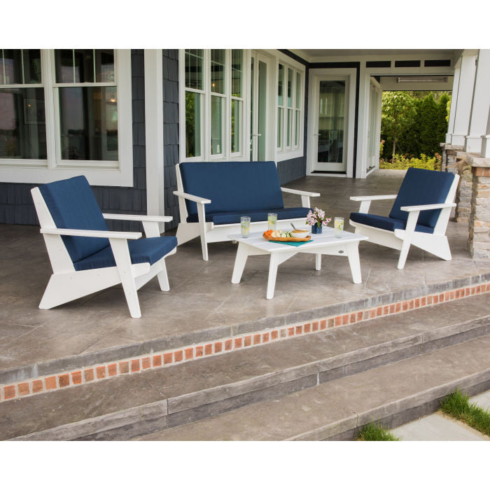 Polywood Rivera Outdoor 4pc Seating Set in White with Indigo Cushions