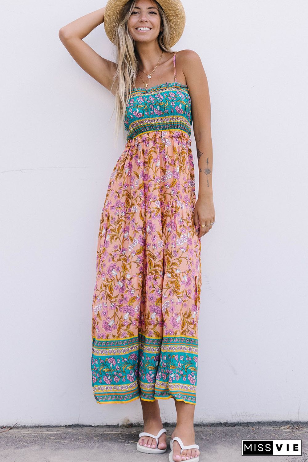 Floral Print Bodice Spaghetti Strap Maxi Dress