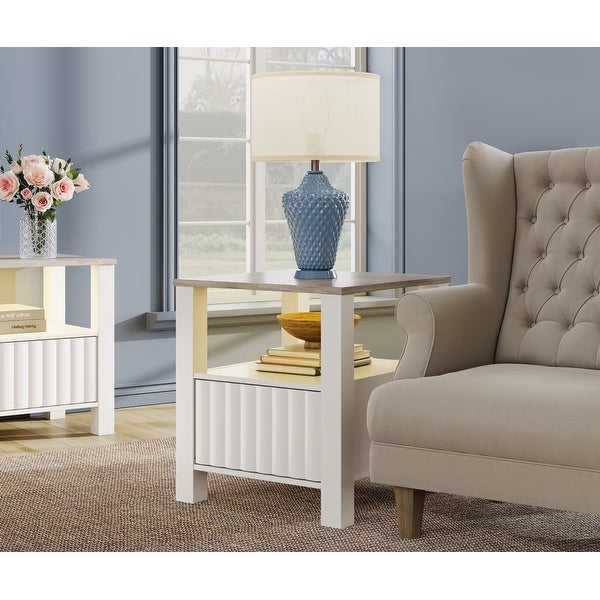 Side End Table with LED Light， White Nightstand with Cabinet(Set of 2)