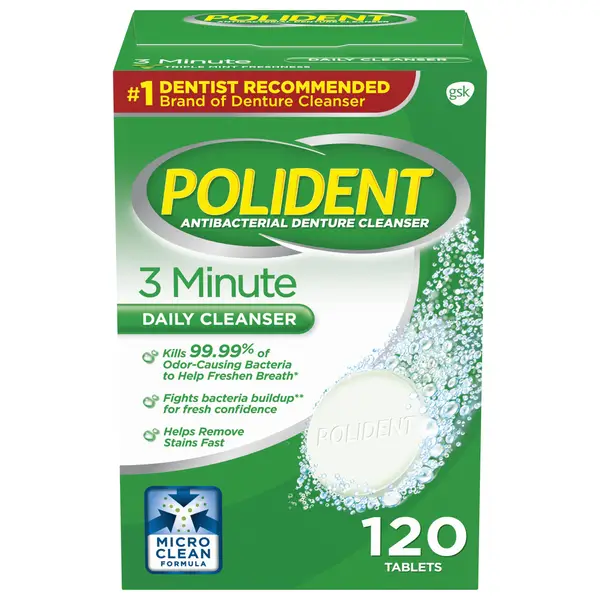 Polident 3 Minute Triple Mint Antibacterial Denture Cleanser 120-Count