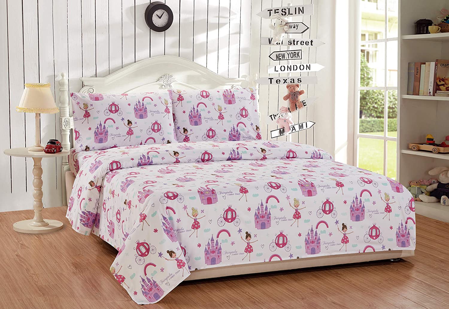 Comforter Set for Girls Princess Fairy Tales Castles Pink White Lavender