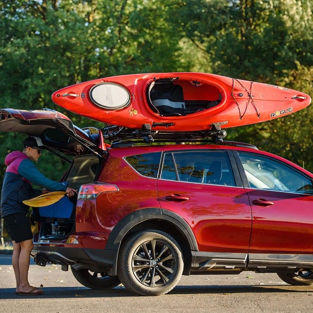 Yakima Jaylow Rooftop Mounted Kayak Rack For Vehicles Carrying Up To 2 Kayaks In J Cradle Position With Heavy Duty Straps Bow And Stern Tie Downs