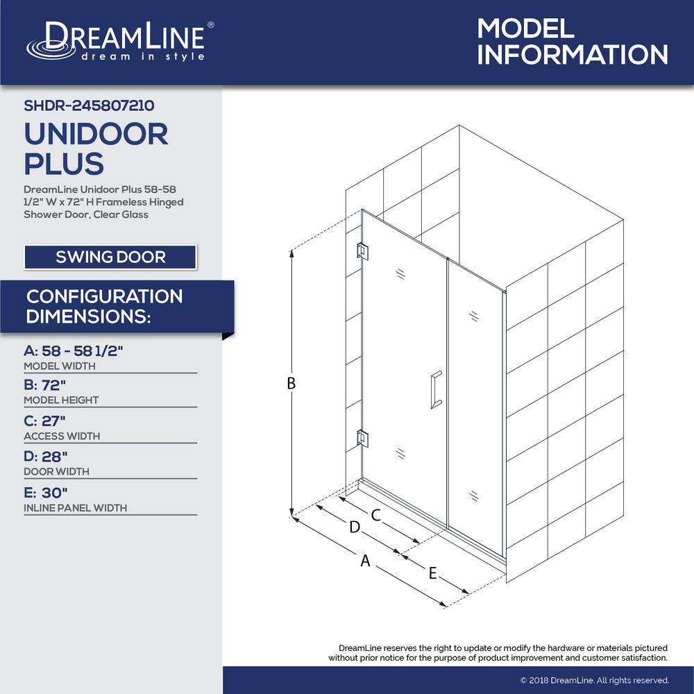 DreamLine Unidoor Plus 58 to 58.5 in. x 72 in. Frameless Hinged Shower Door in Brushed Nickel SHDR-245807210-04