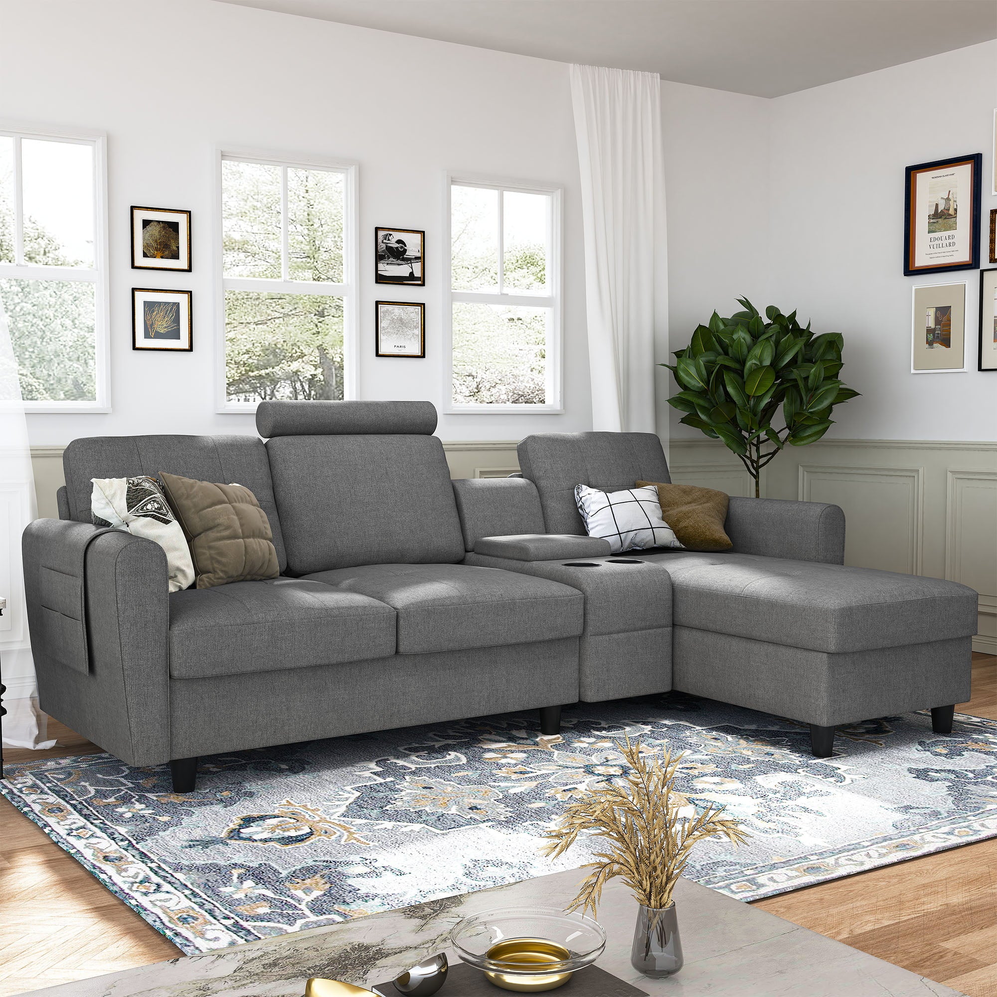 HONBAY Reversible Sectional Sofa Modern Upholstered L Shaped Couch with Cup Holders & Storage Console for Living Room, Grey