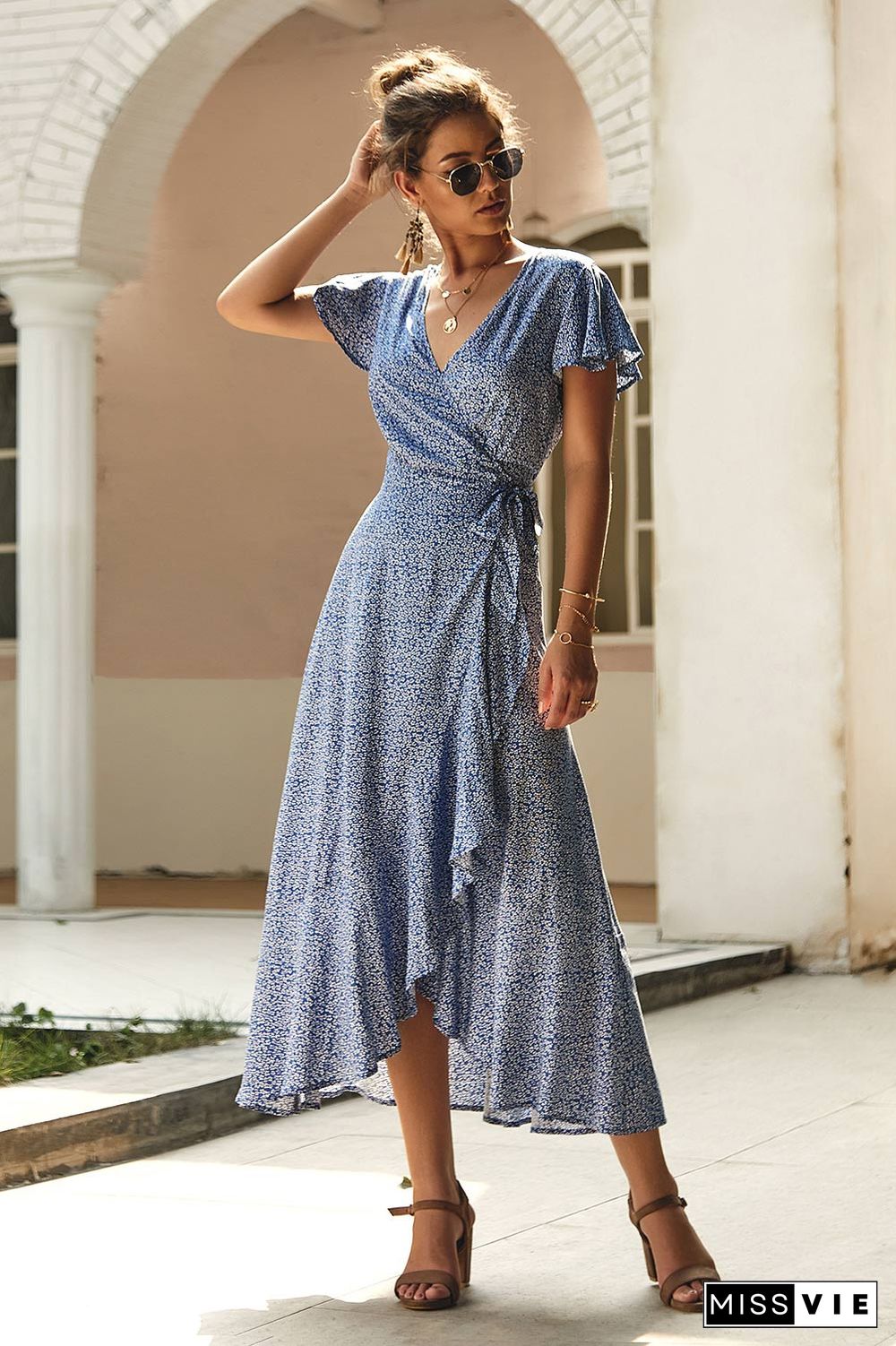 Summer Print Short Sleeve V-Neck Wrap Dress