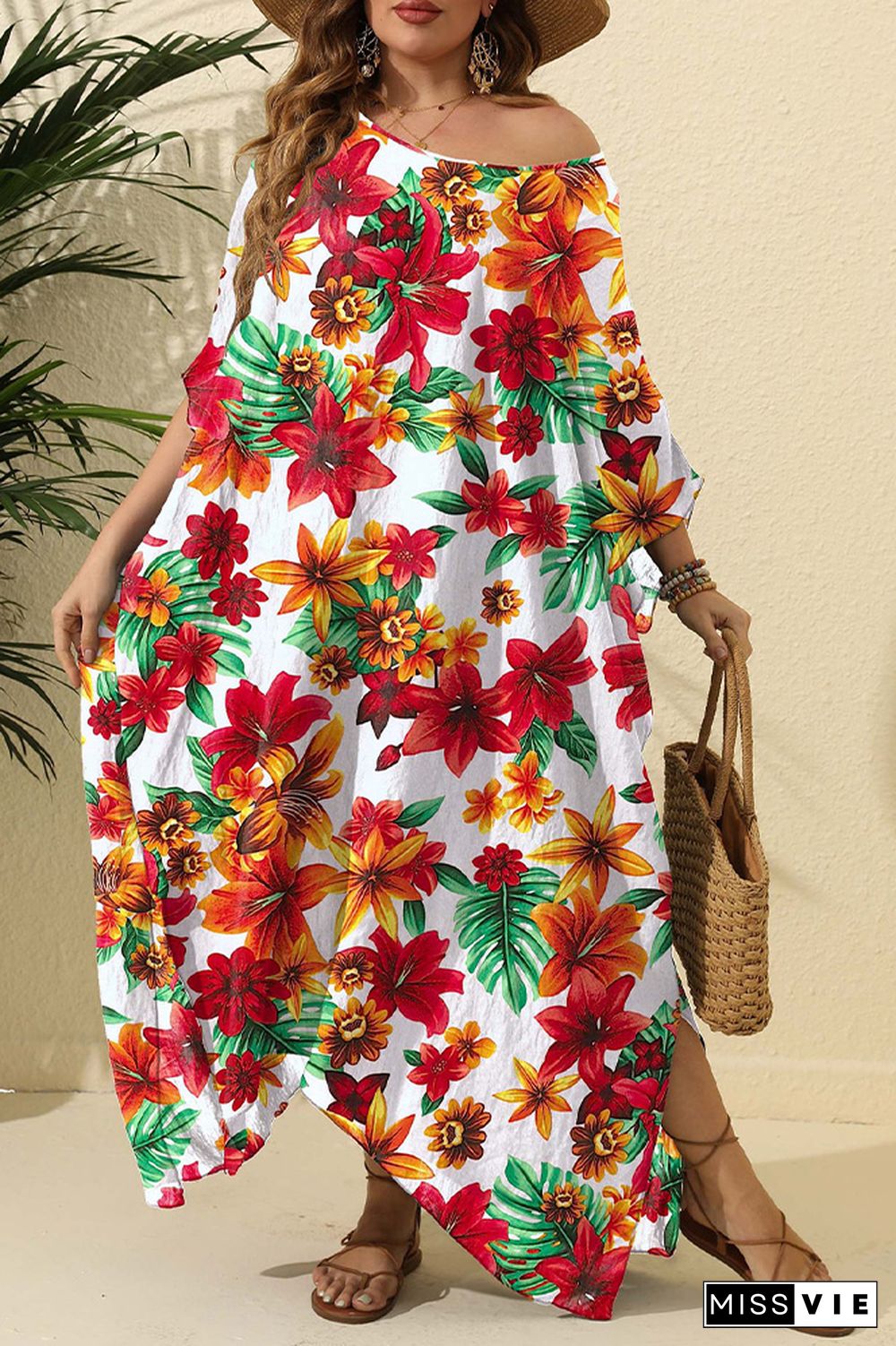 Red Floral Oversize Kimono Cover Up Dress