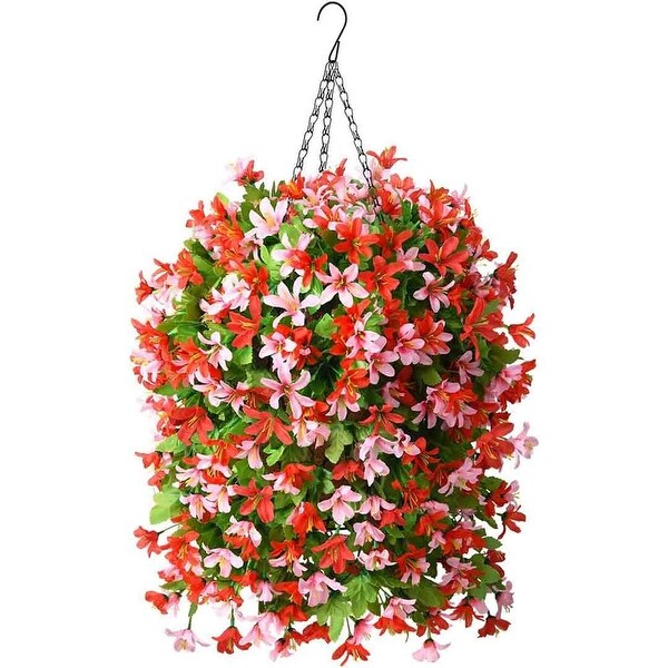 Artificial Hanging Flowers in Basket for Outdoor Spring Decoration，4pcs Faux Silk Violet Flower Bouquet UV Resistant