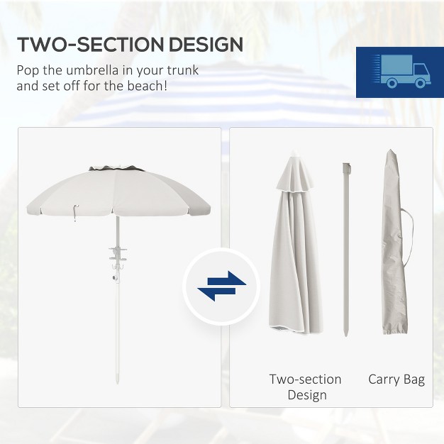 Outsunny 5 7 x27 Beach Umbrella With Cup Holders Hooks Vented Canopy Portable Outdoor Umbrella Cream White