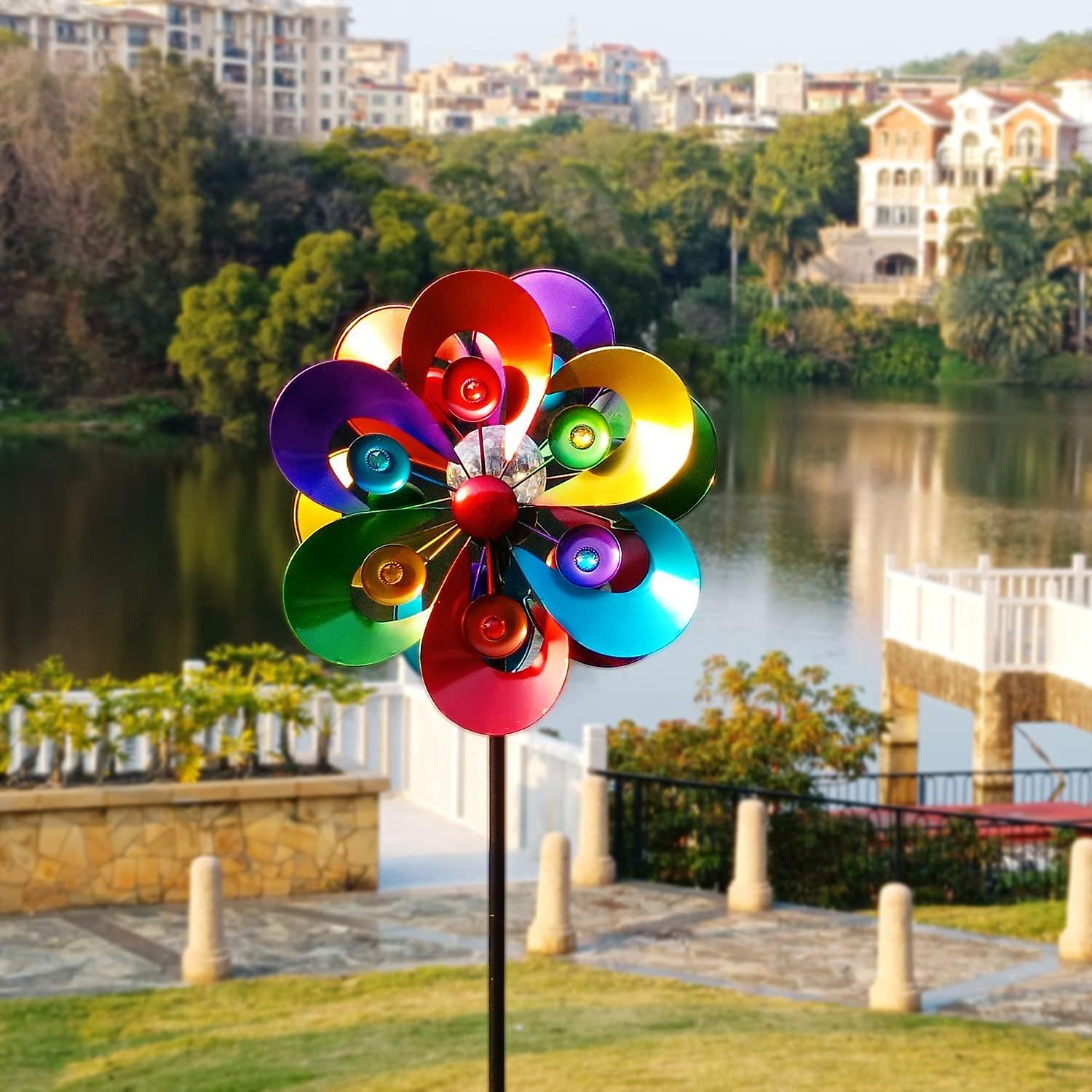 Wind Spinner Outdoor Metal Solar Power Light Colorful Metal With Gem Sculpture Kinetic Windmills Colorful Wind Catcher Glass Ball For Garden Lawn Yard