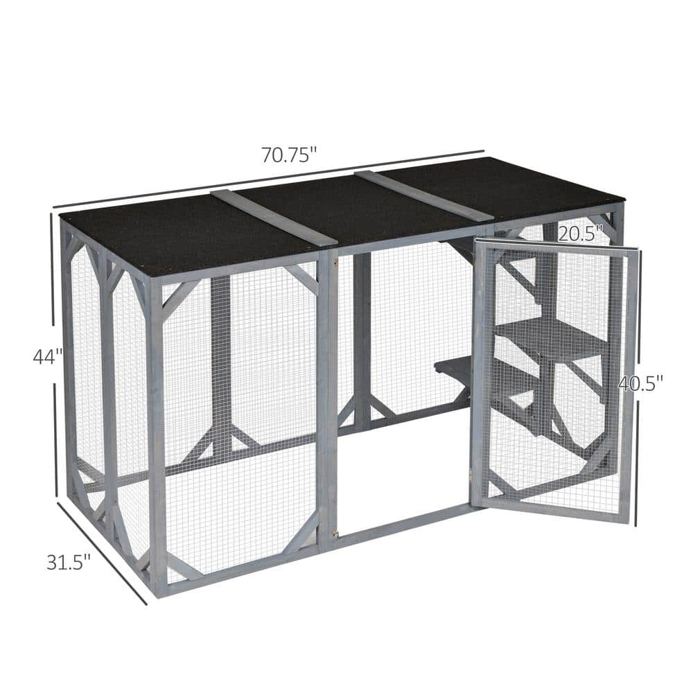 PawHut 71 in. L Grey Wooden Outdoor Cat House with Asphalt Roof, Multi-Level Platforms, and Large Enter Door D32-002GY