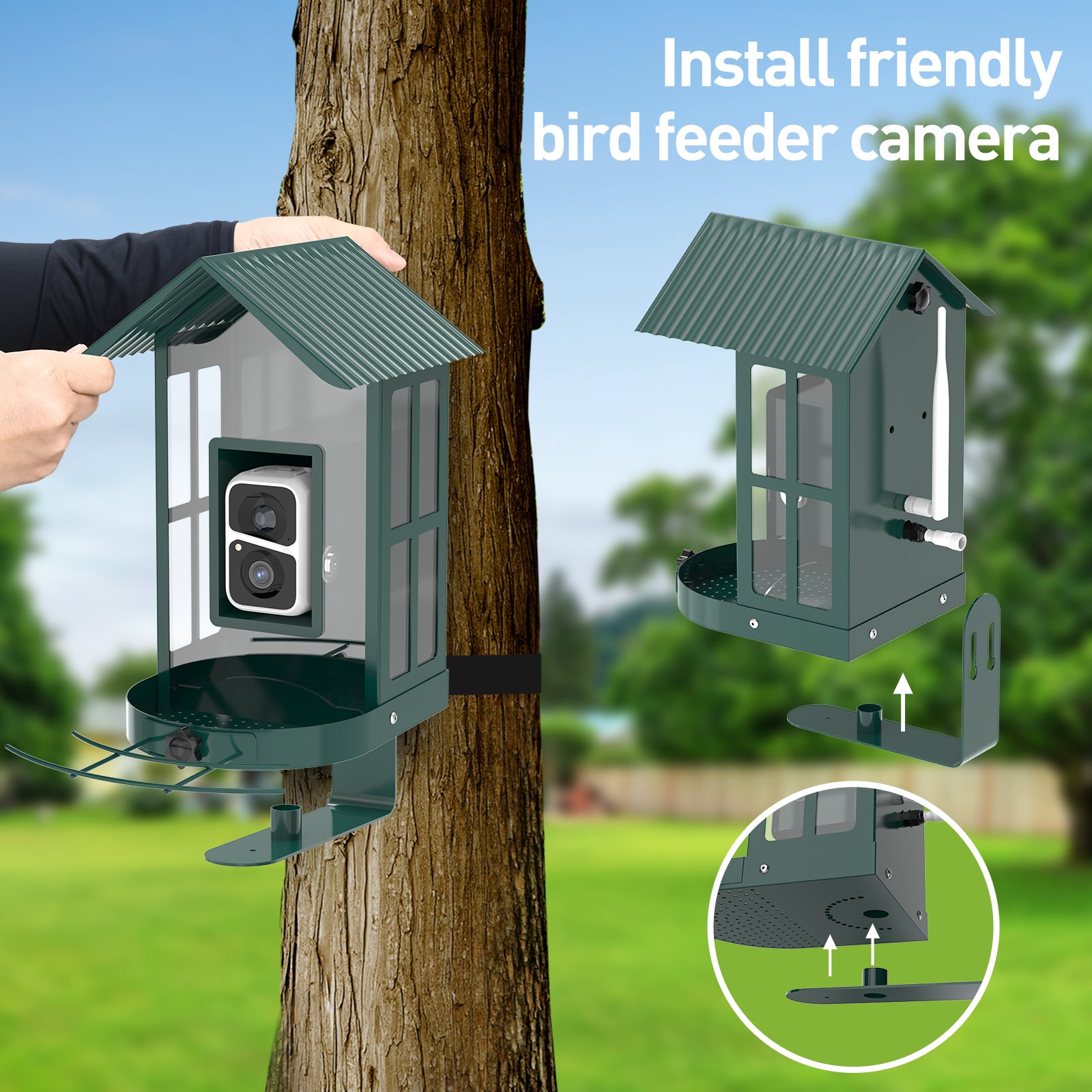 Soliom Smart Bird Feeder BF08 with Solar AI Identify Bird Species Camera for Wild Bird， Green