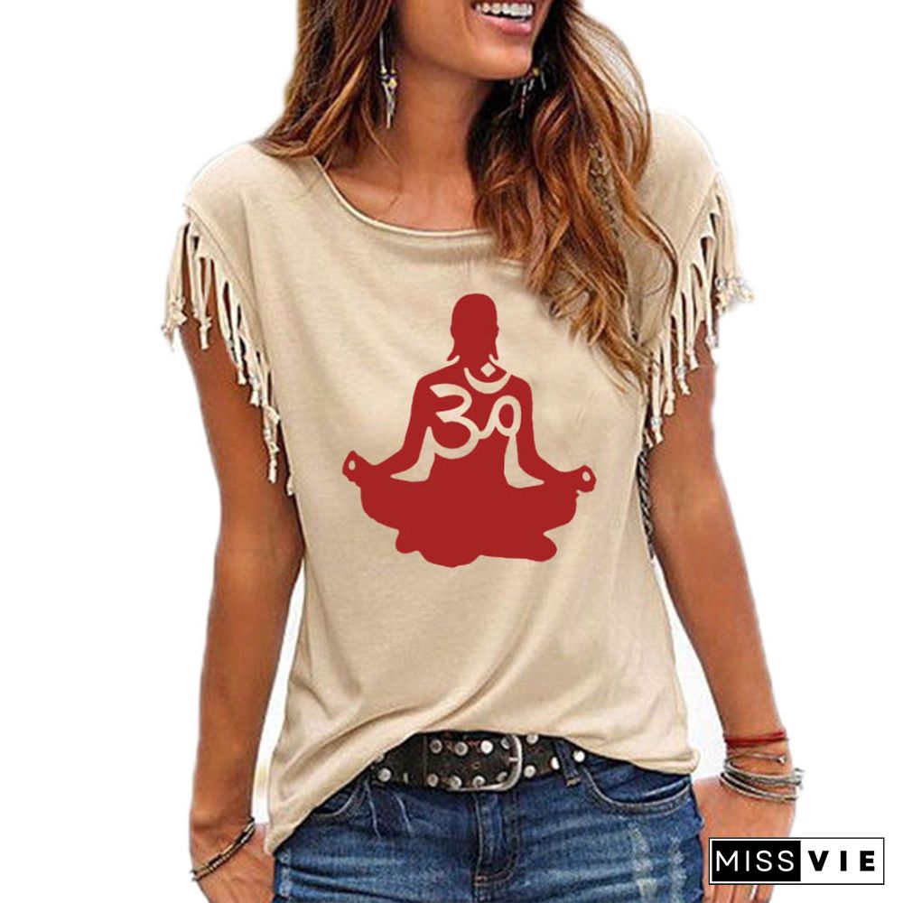 Womens ShortSleeve Om Aum SilhouettePrint T-shirt Summer FashionClothingTShirtWomen's Cotton Tassel Casual T-shirt