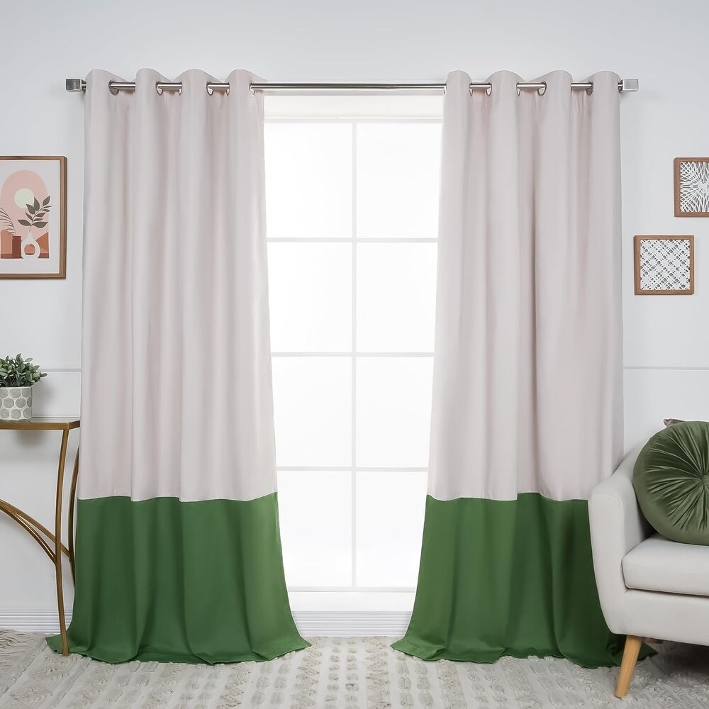 Color Blocked Cotton Blend Blackout Lined Grommet Curtains  Set of 2   84\