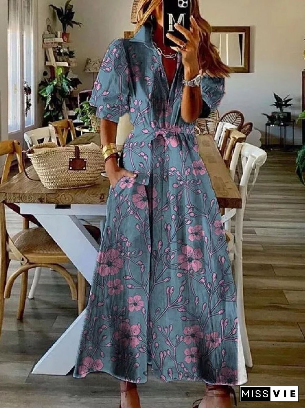 Casual Summer Pattern Printed Shirts Long Dress Ladies Fashion Short Sleeve Lapel Lace Up Dress Retro Loose A-Line Women Dresses