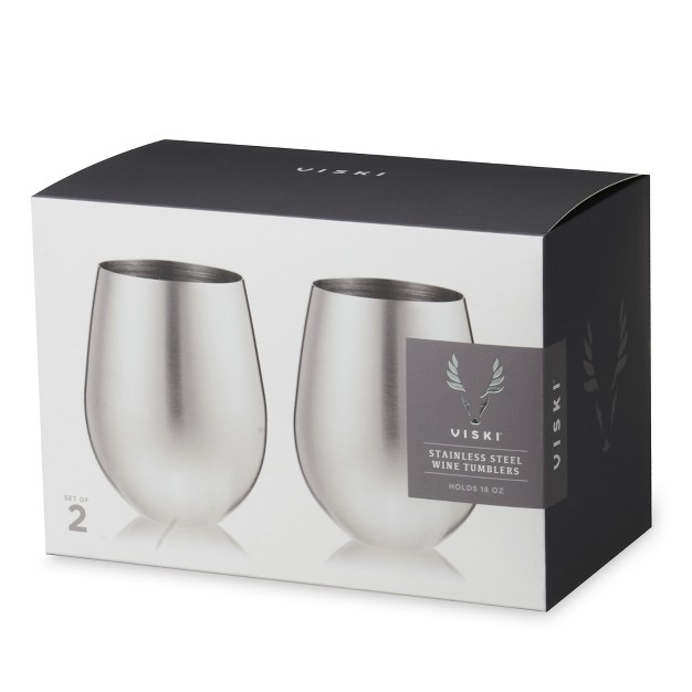 Viski Silver Wine Glasses Stemless Wine Glass Set Stainless Steel With Copper Finish 18 Ounces Set Of 2 Silver