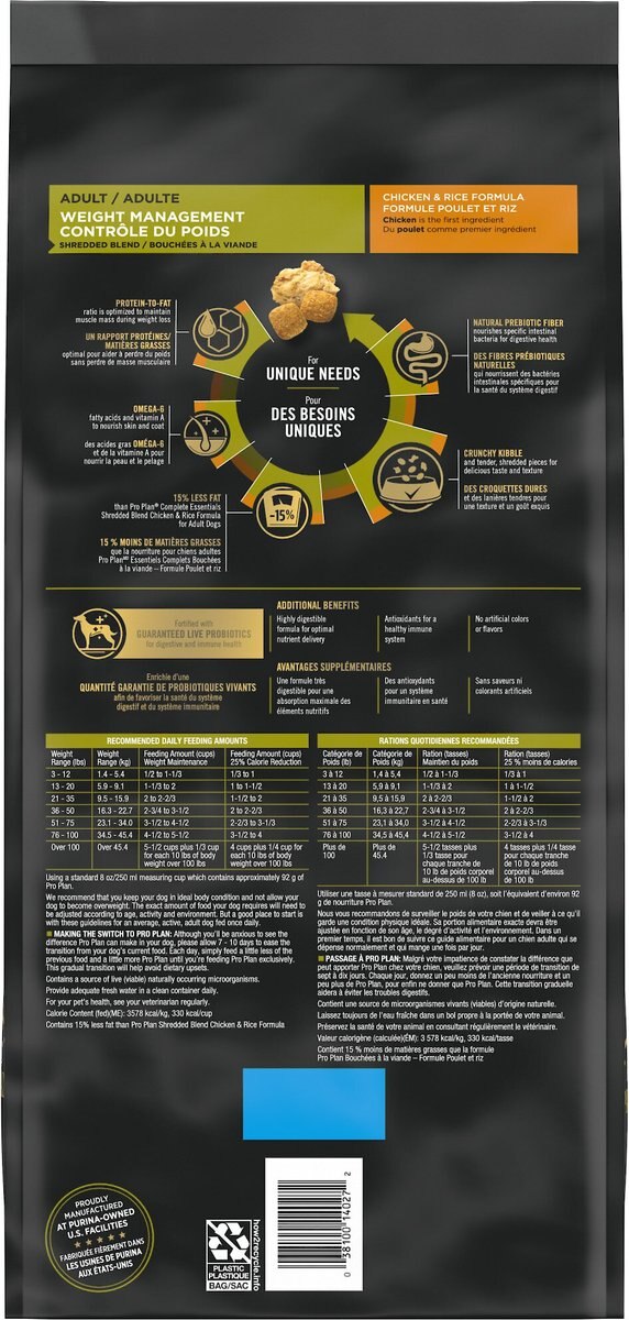 Purina Pro Plan Adult Weight Management Shredded Blend Chicken and Rice Formula Dry Dog Food