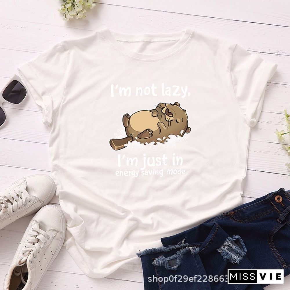 Women T Shirt Summer Cotton Versatile 5XL Short Sleeve Cute Cartoon Lazy Animal Letter Print Casual O Neck Female Tshirt Tee Top