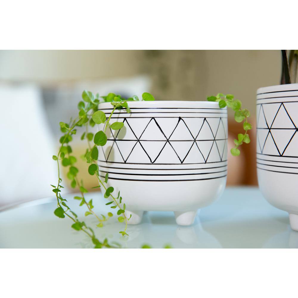 Flora Bunda 6 in. and 5 in. WhiteBlack Ceramic Line Geometric with Legs Mid-Century Planter (Set of 2) CT246E2-BLK