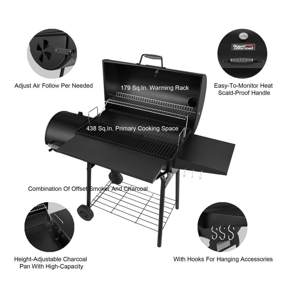 Royal Gourmet Charcoal Grill with Offset Smoker and Side Table in Black plus a Cover