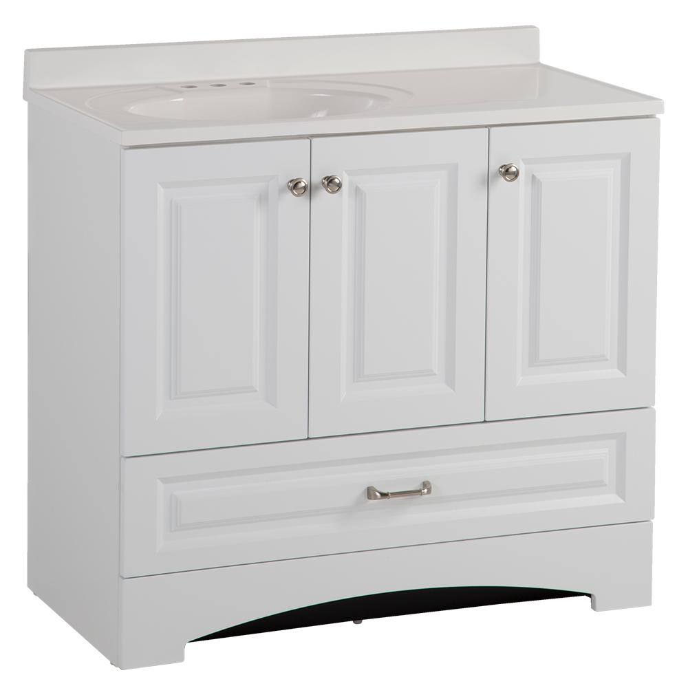 Glacier Bay Lancaster 36.5 in. W x 18.63 in. D Raised Panel Bath Vanity in White with White Cultured Marble Top LC36P2-WH