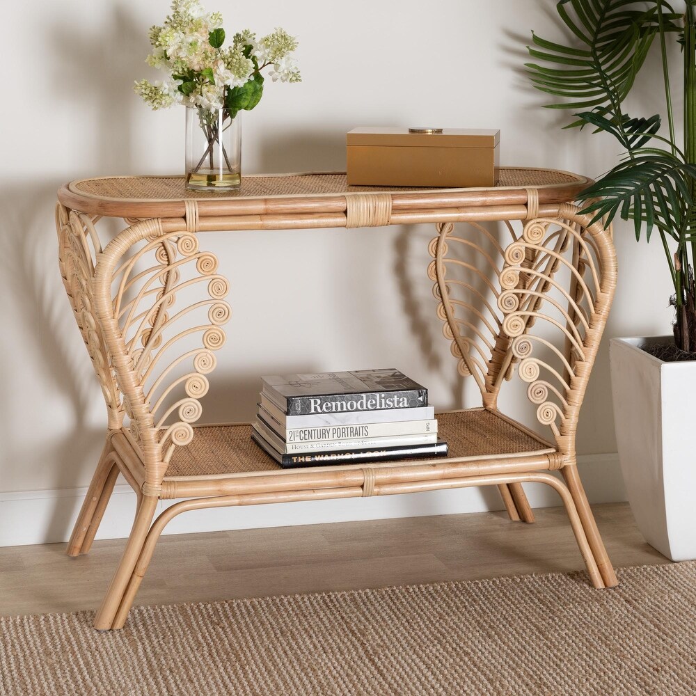 Bastet Modern Bohemian Natural Brown Rattan 2 Tier Console Table