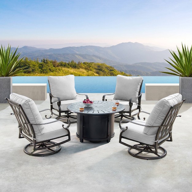 Round Aluminum Fire Table Set With 4 Swivel Rocking Chairs amp Wind Blocker Lid Oakland Living