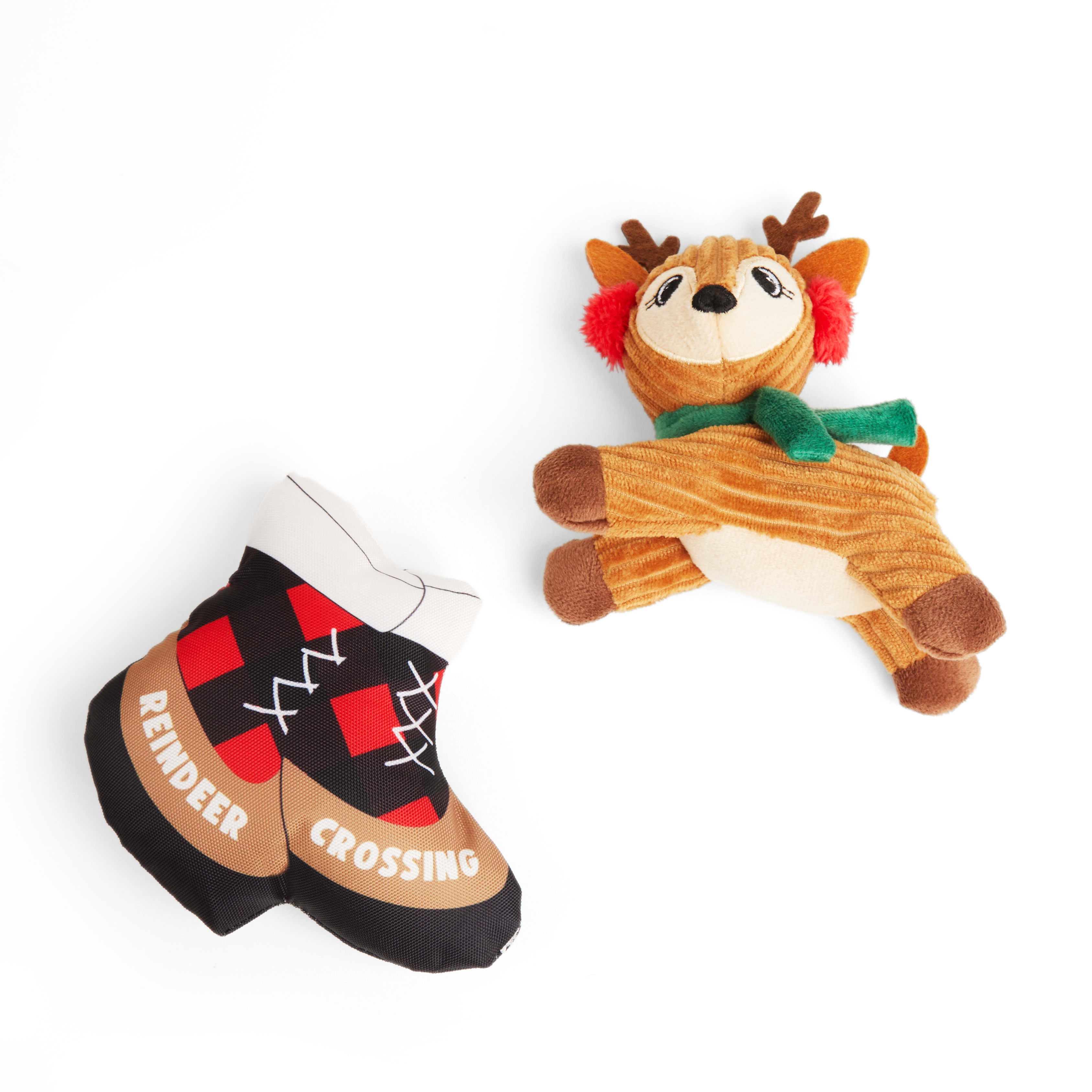 More and Merrier Plush Reindeer and Boots Dog Toy， Small， Pack of 2