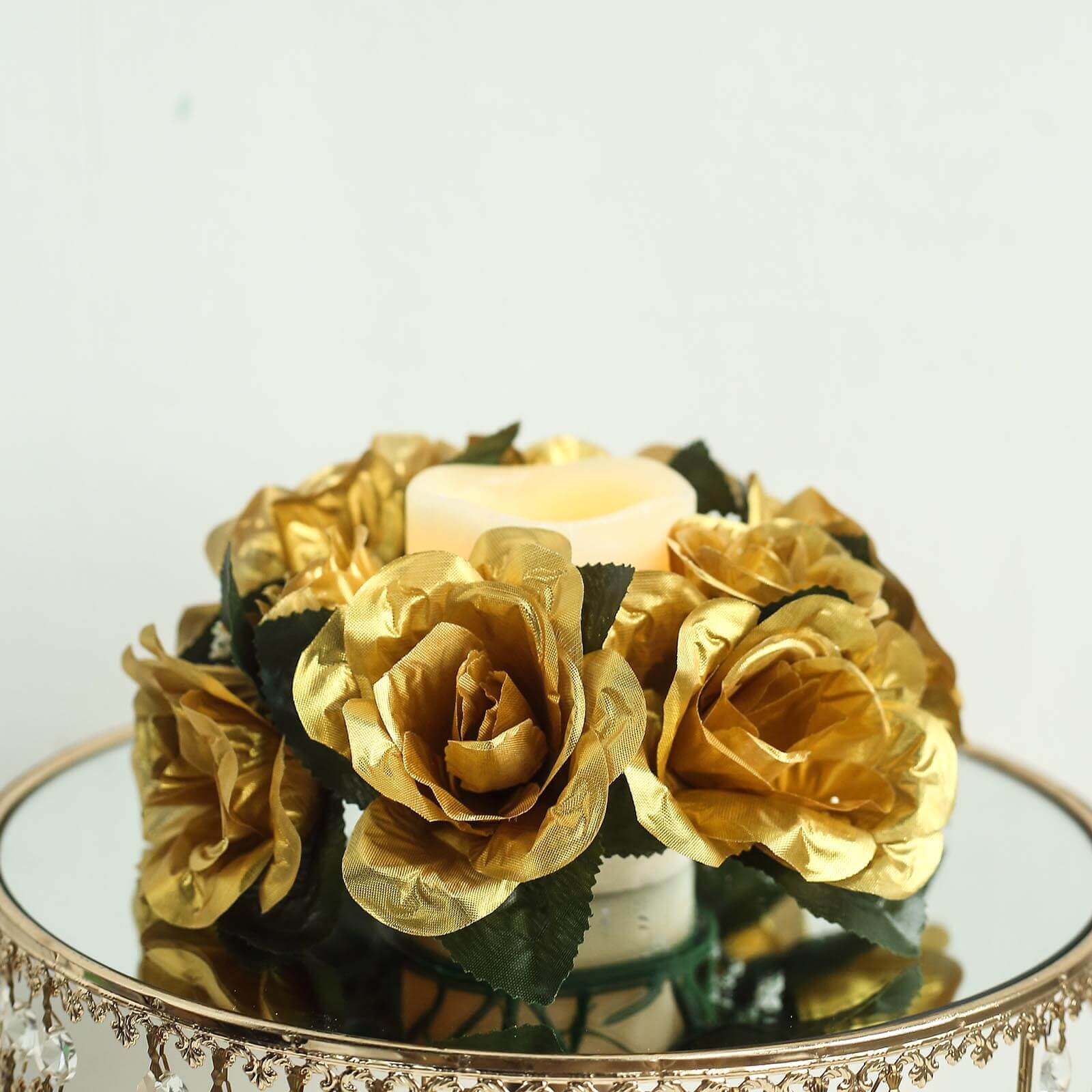 4 Pack Gold Artificial Silk Rose Flower Candle Ring Wreaths 3