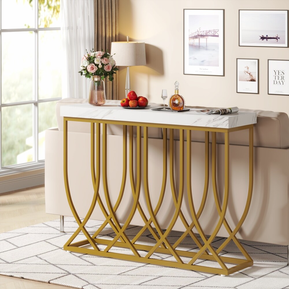 Faux Marble Console Table  39.4 in Modern Entryway Table with Gold Geometric Legs