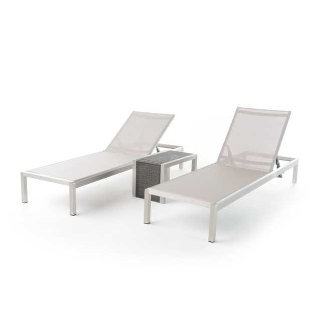 Cape Coral 3pc Mesh Patio Chaise Lounge Set With Wicker Side Table Gray Christopher Knight Home