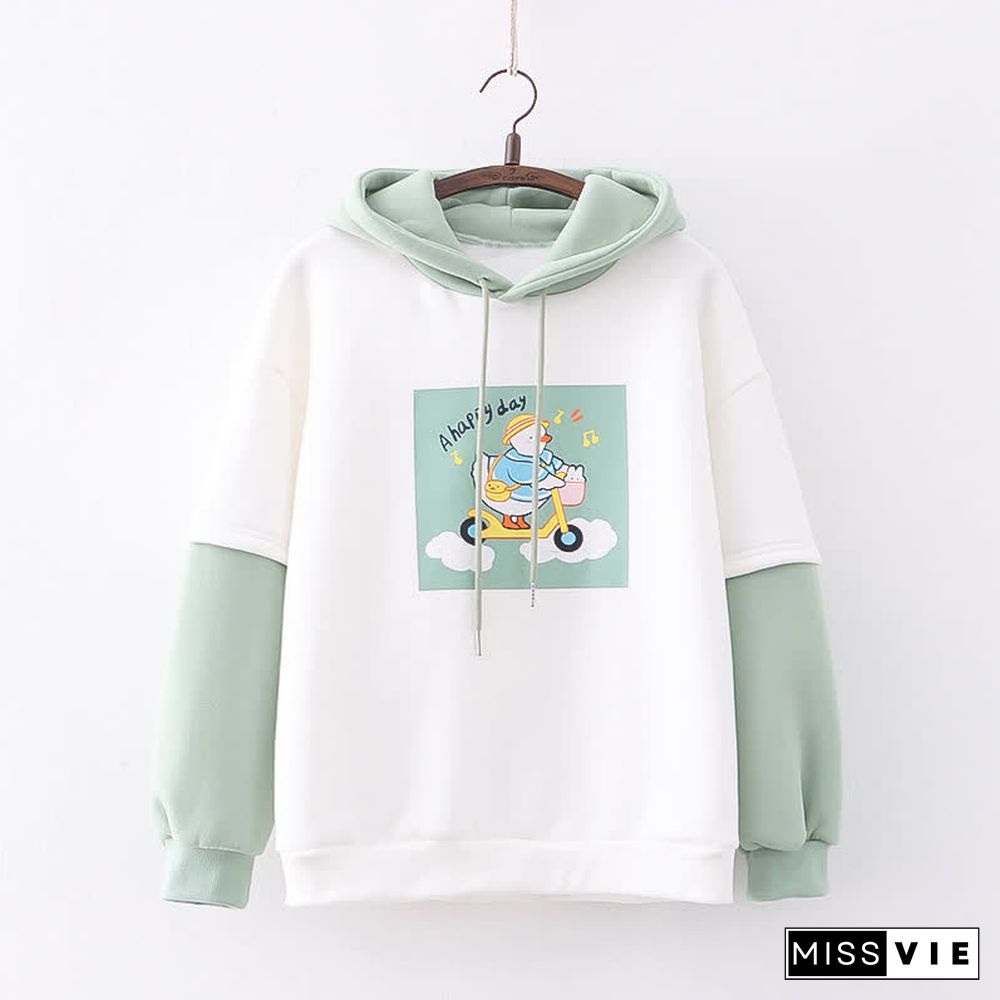 Cartoon Bunny Duck Print Colorblock Plush Hoodie