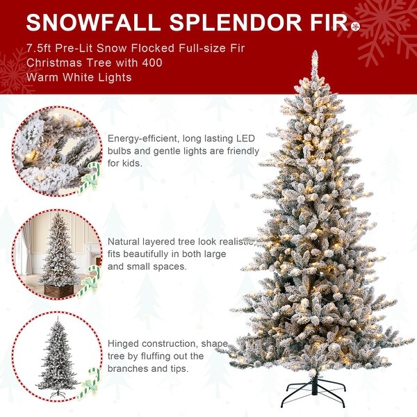 Glitzhome 6FT/7.5FT/9FT/11FT Snow Flocked Prelit Artificial Fir Christmas Trees