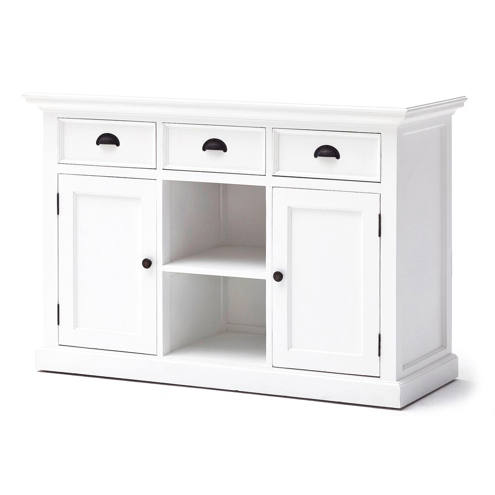 NovaSolo Halifax Coastal White Buffet with 2 Baskets  Solid Mahogany Frame  49.21 x 19.69 x 33.46   49.21 x 19.69 x 33.46