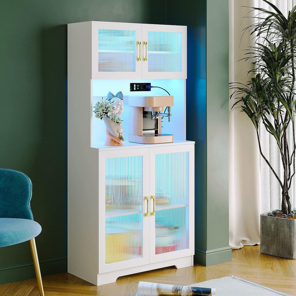 Kitchen Storage Cabinet with Auto Sensor LED  Hutch Cabinet with 2 Outlets   2 USB Ports  Pantry with Cabinet   Countertop