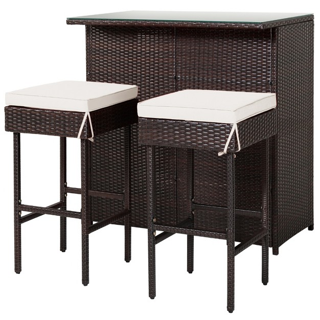 Tangkula 3pcs Patio Wicker Rattan Bar Set Table W 2 White Cushioned Stools