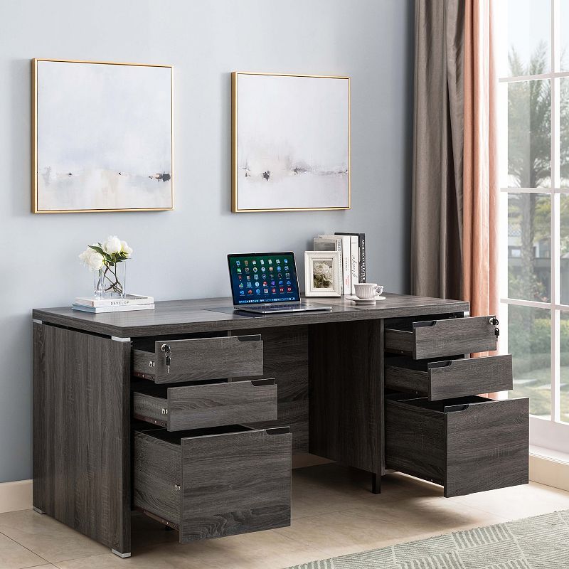 FC Design Distressed Grey Home Office Desk with 4 Lockabale Drawers and 2 Lockable File Cabinet Organizers