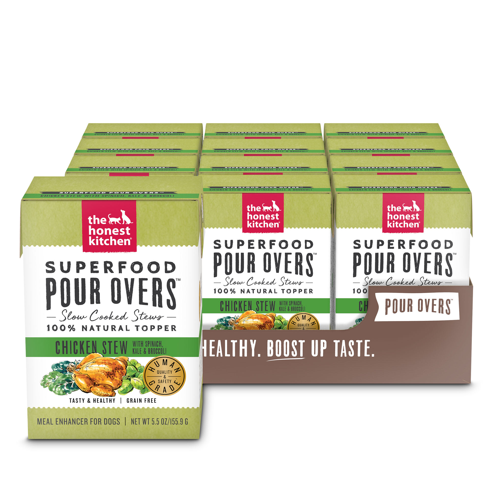 The Honest Kitchen Superfood Pour Overs: Chicken Stew with Spinach， Kale  Broccoli Wet Dog Food Topper， 5.5 oz.， Case of 12