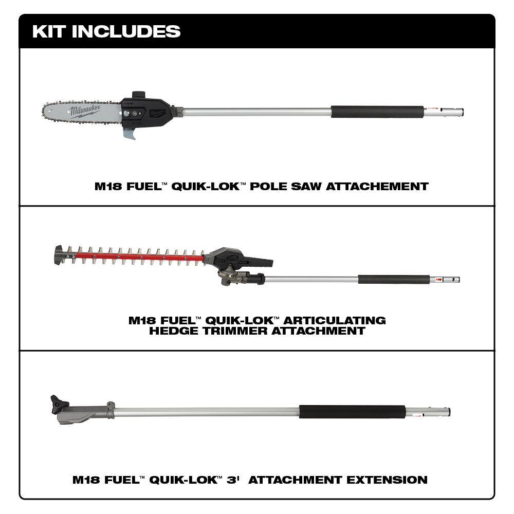 MW M18 FUEL QUIK-LOK 10 in. Pole Saw and Articulating Hedge Trimmer Attachments with QUIK-LOK 3 ft. Attachment Extension 49-16-2720-49-16-2719-49-16-2721