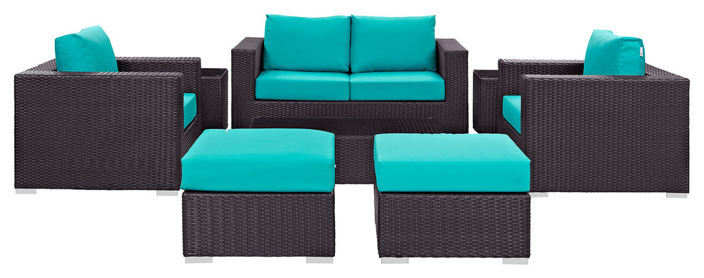 Convene 8 Piece Outdoor Patio Sofa Set  Espresso Turquoise   Tropical   Outdoor Sofas   by Kolibri Decor  Houzz