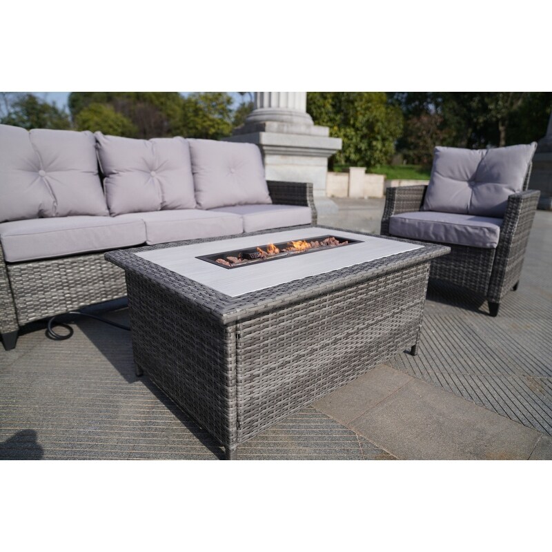 5 Piece Patio Rattan Sofa Set with Fire Pit Table